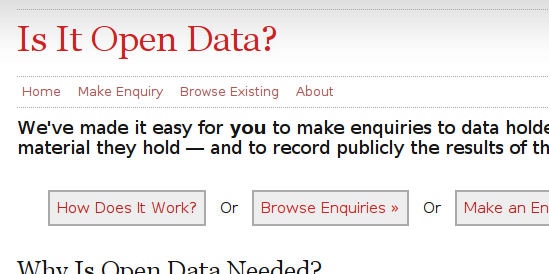 Screenshot of the "Is it Open Data?" website, showing starting points like the "How Does It Work?" button.